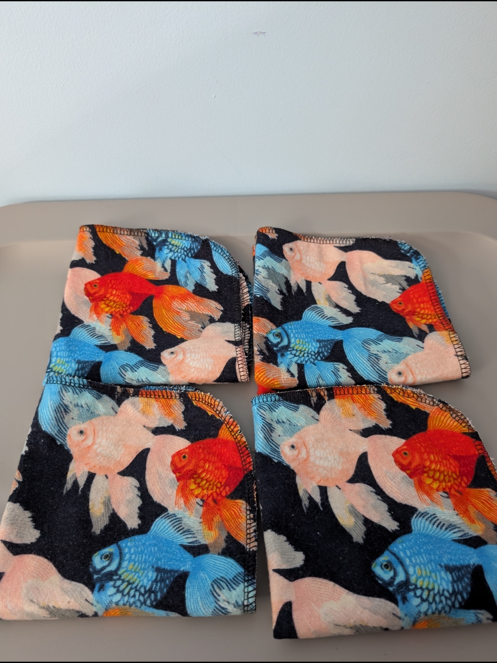 Set Of 4 Hand Crafted 100% Cotton Goldfish Print Wash Cloths